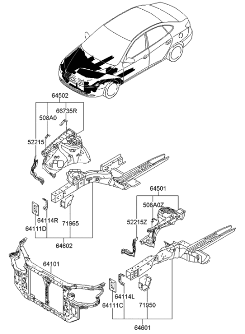 2007 Hyundai Elantra Fender Apron & Radiator Support Panel Diagram