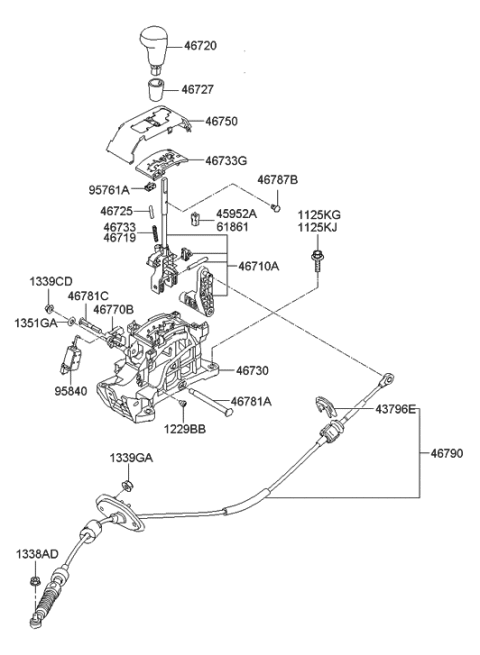 2009 Hyundai Elantra Automatic Transmission Lever Cable Assembly Diagram for 46790-2H100