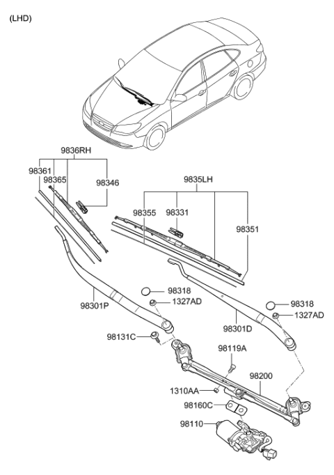 2010 Hyundai Elantra Passeger Wiper Blade Assembly Diagram for 98360-2H000