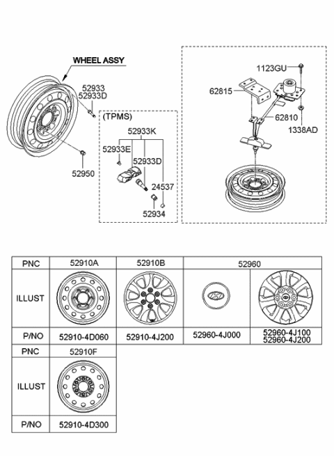 2006 Hyundai Entourage Aluminium Wheel Assembly Diagram for 52910-4J200