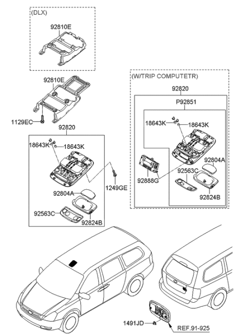 2007 Hyundai Entourage Overhead Console Lamp Assembly Diagram for 92810-4D060-TW
