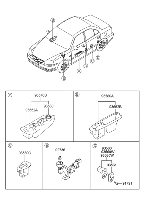 2000 Hyundai Accent Power Window Main Switch Assembly Diagram for 93570-25005-NR