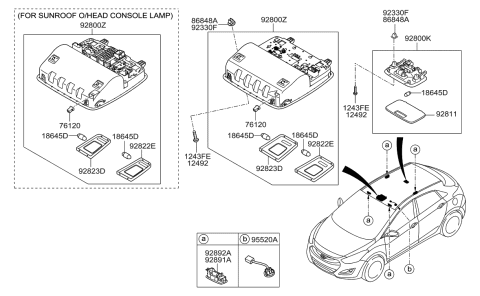 2014 Hyundai Elantra GT Overhead Console Lamp Assembly Diagram for 92800-A5100-TX