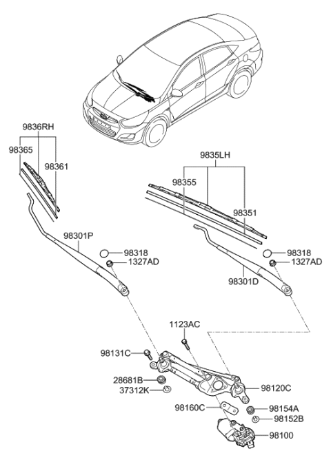 2015 Hyundai Accent Wiper Blade Assembly,Driver Diagram for 98350-1R000