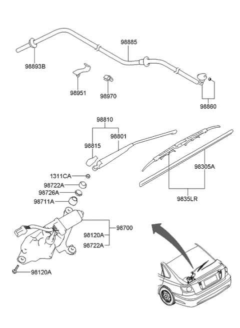 2000 Hyundai Elantra Rear Wiper Arm & Head Cap Assembly Diagram for 98815-2D000
