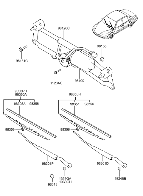 2004 Hyundai Elantra Windshield Wiper Blade Assembly Diagram for 98370-2D500