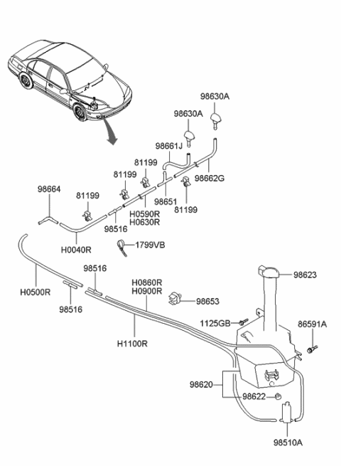 2006 Hyundai Elantra Front Windshield Washer Sprayer Nozzle Assembly Diagram for 98640-2D001