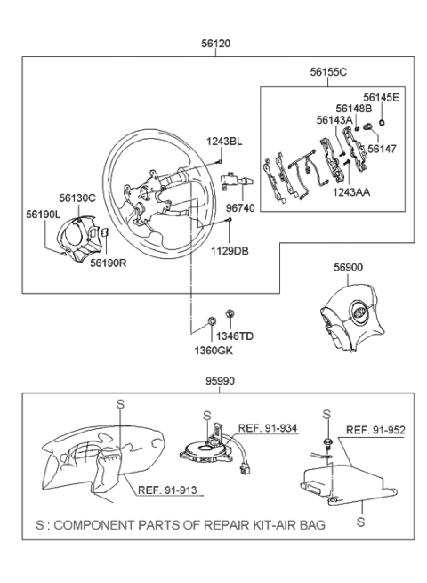 2002 Hyundai Elantra Steering Wheel Body Assembly Diagram for 56110-2D700-SO