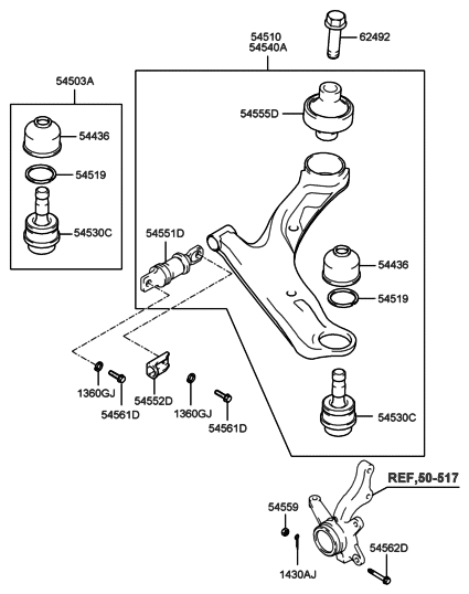 2005 Hyundai Santa Fe Front Suspension Lower & Upper Arm Diagram