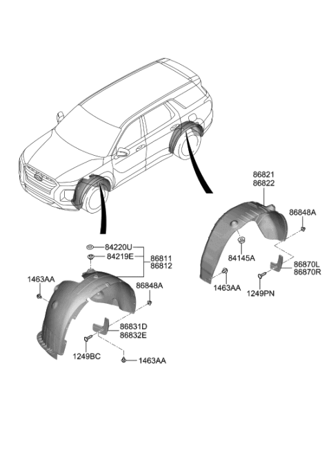 2022 Hyundai Palisade Front Wheel Guard Assembly,Left Diagram for 86811-S8000