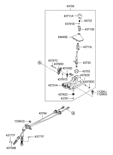 2013 Hyundai Elantra Manual Transmission Lever Cable Assembly Diagram for 43794-3Y100