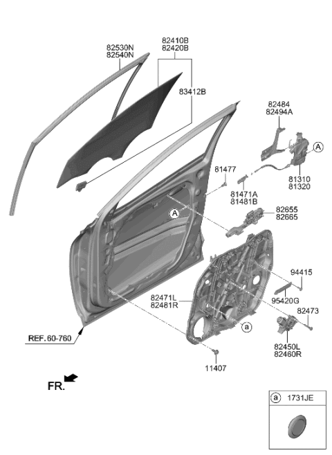 2023 Hyundai Tucson Front Door Window Regulator & Glass Diagram