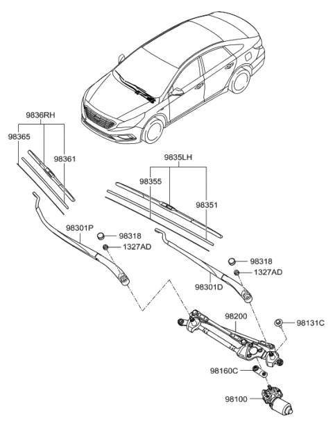 2016 Hyundai Sonata Wiper Blade Rubber Assembly(Passenger) Diagram for 98361-3R100