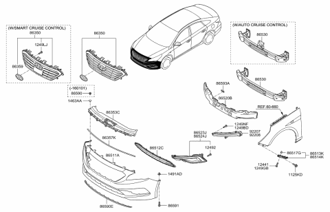 2017 Hyundai Sonata Front Bumper Lower Grille Diagram for 86561-C2000