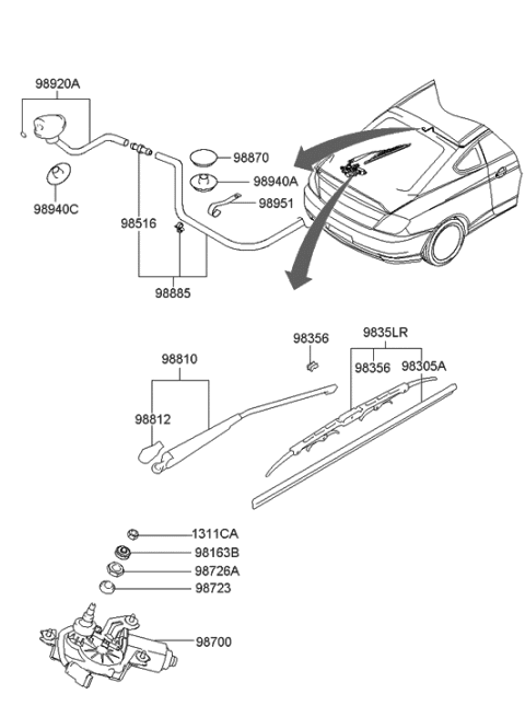 2001 Hyundai Tiburon Wiper Blade Rubber Assembly(Drive) Diagram for 98351-H1000