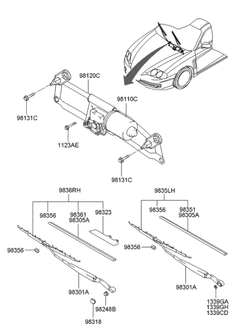 2003 Hyundai Tiburon Wiper Blade Assembly,Driver Diagram for 98350-2C800