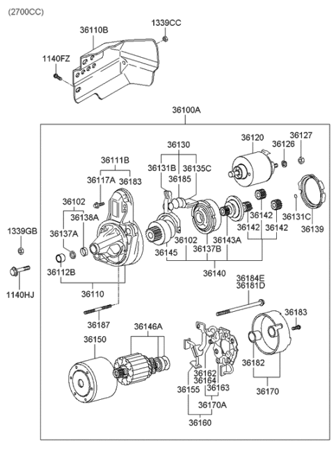 2003 Hyundai Tiburon Starter Assembly Diagram for 36100-23160