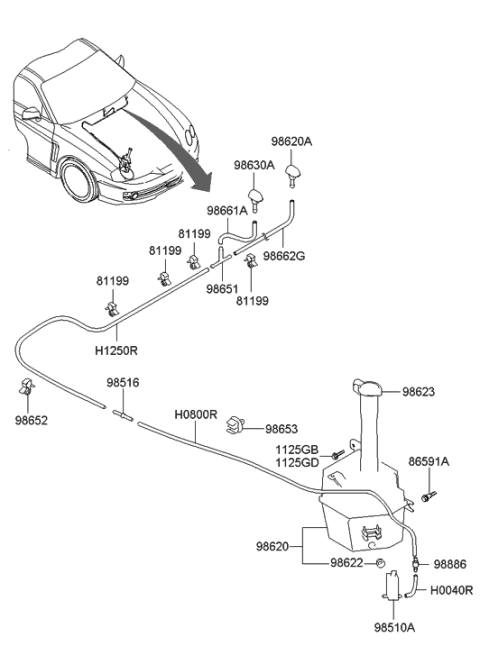 2001 Hyundai Tiburon Front Windshield Washer Sprayer Nozzle Assembly Diagram for 98630-2C000