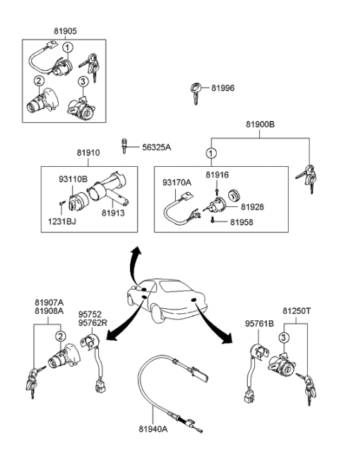 2003 Hyundai Tiburon Lock Key & Cylinder Set Diagram for 81905-2C060