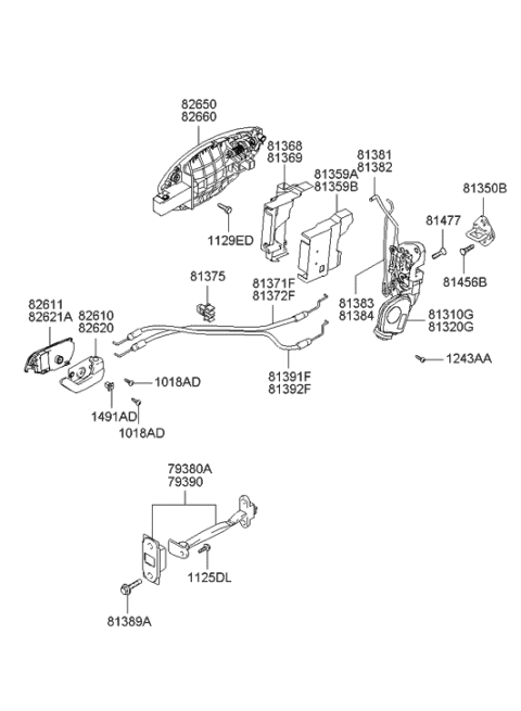 2001 Hyundai Tiburon Front Door Side Lock Cable Assembly,Right Diagram for 81380-2C010