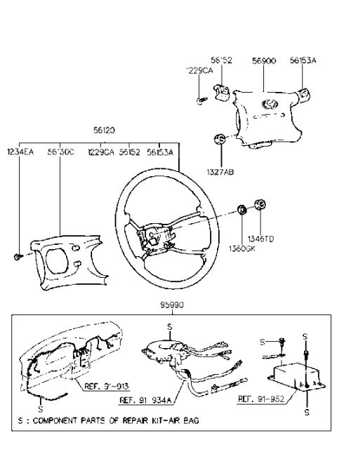 1995 Hyundai Elantra Steering Wheel Assembly Diagram for 56110-28010-EH
