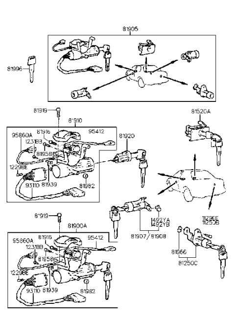 1994 Hyundai Elantra Key & Cylinder Set Diagram