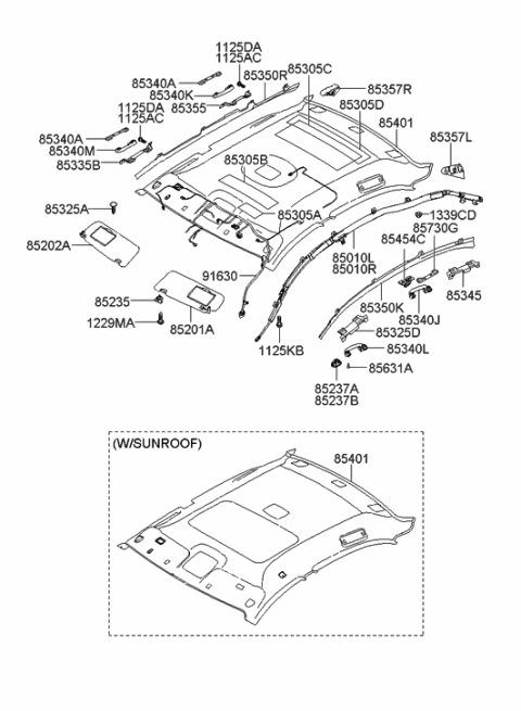 2005 Hyundai Sonata Sunvisor & Head Lining Diagram
