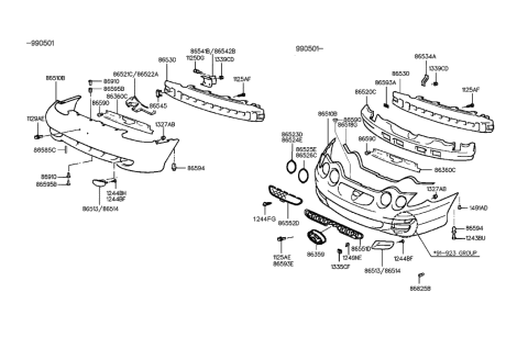 2000 Hyundai Tiburon Front Bumper Cover Assembly Diagram for 86510-27500