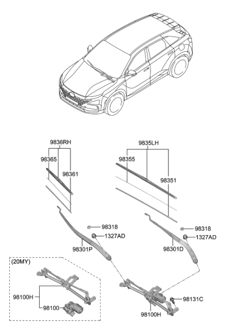 2020 Hyundai Nexo Windshield Wiper Arm Assembly(Driver) Diagram for 98311-M5000