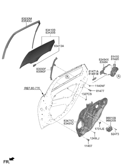 2020 Hyundai Sonata Hybrid Rear Door Window Regulator & Glass Diagram