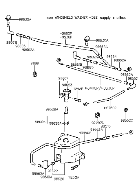 1994 Hyundai Sonata Front Windshield Washer Sprayer Nozzle Assembly Diagram for 98630-34000-D