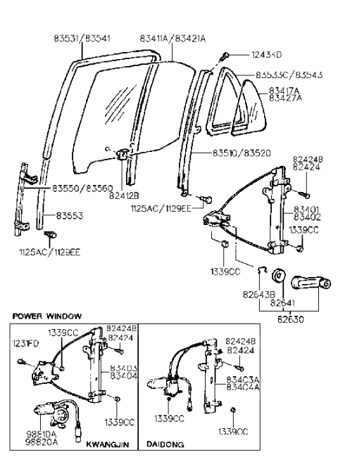 1994 Hyundai Sonata Rear Door Window Reg & Glass Diagram