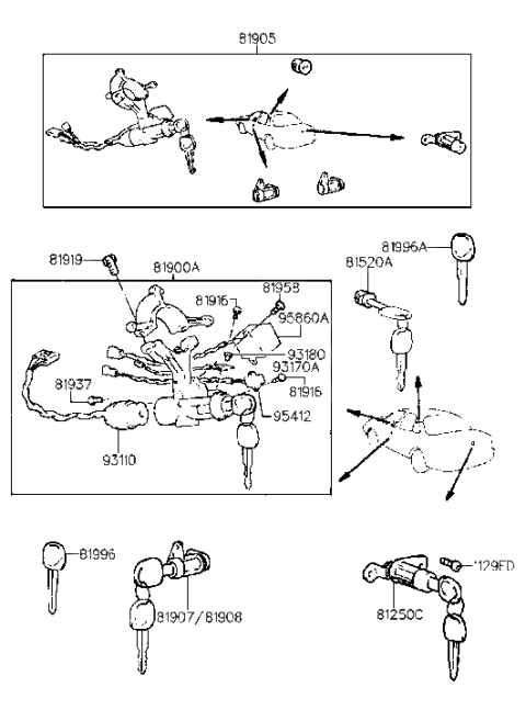 1995 Hyundai Sonata Key & Cylinder Set Diagram