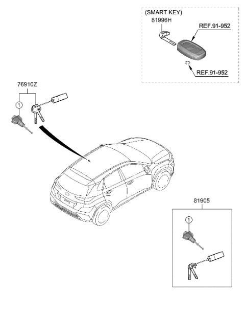 2023 Hyundai Kona Electric Key & Cylinder Set Diagram