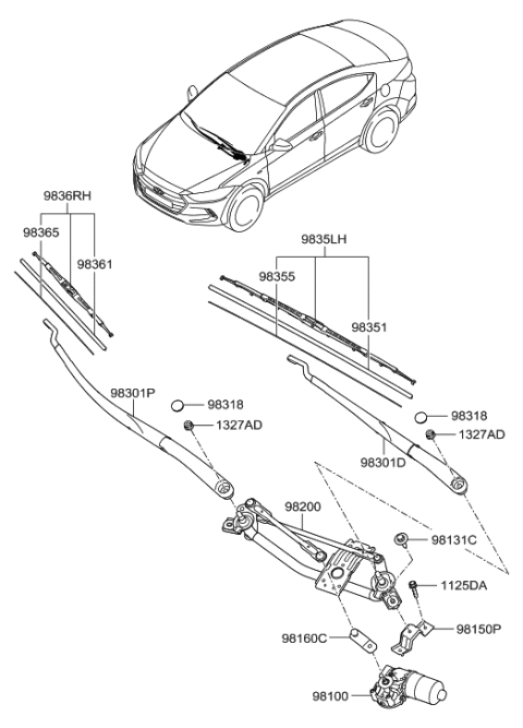 2016 Hyundai Elantra Wiper Blade Assembly,Driver Diagram for 98350-2W000