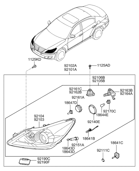 2014 Hyundai Genesis Driver Side Headlight Assembly Diagram for 92101-3M340