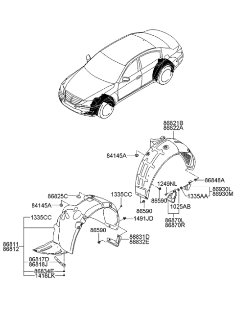 2010 Hyundai Genesis Front Wheel Guard Assembly,Right Diagram for 86812-3M000