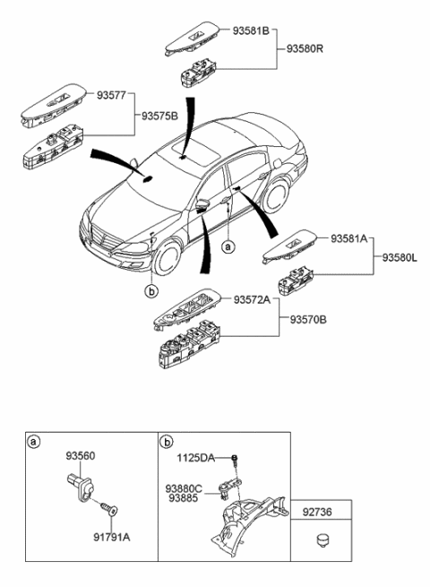 2010 Hyundai Genesis Power Window Main Switch Assembly Diagram for 93570-3M402-A4