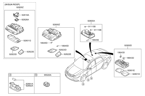 2010 Hyundai Sonata Overhead Console Lamp Assembly Diagram for 92810-3Q011-TX