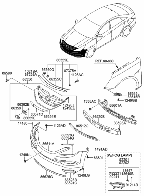 2014 Hyundai Sonata Front Passenger Side Fog Light Assembly Diagram for 92202-3Q100