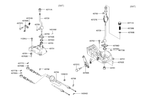2007 Hyundai Tiburon Manual Transmission Lever Cable Assembly Diagram for 43794-2D100