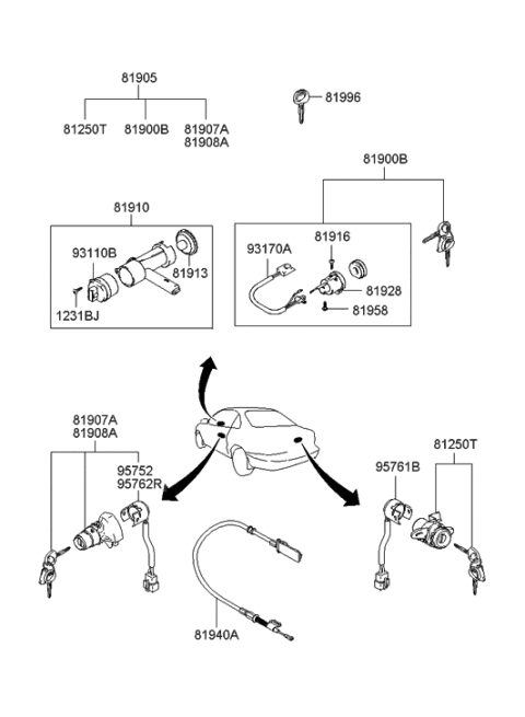 2007 Hyundai Tiburon Key & Cylinder Set Diagram