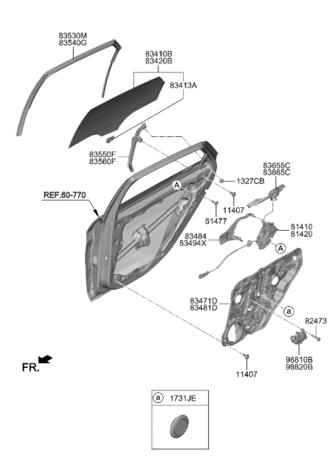 2021 Hyundai Elantra Rear Door Window Regulator & Glass Diagram