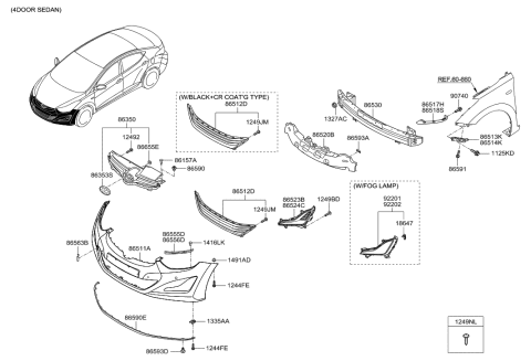 2015 Hyundai Elantra Front Bumper Cover Assembly Diagram for 86511-3X800