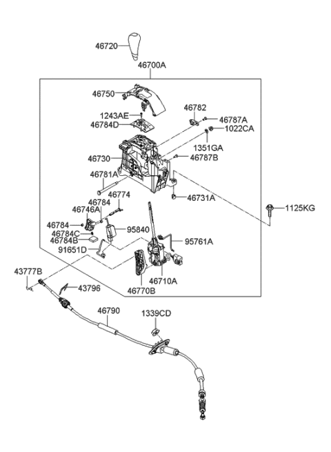 2009 Hyundai Santa Fe Automatic Transmission Lever Cable Assembly Diagram for 46790-2B100