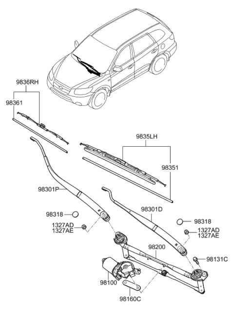 2007 Hyundai Santa Fe Windshield Driver Blade Assembly Diagram for 98350-0W000