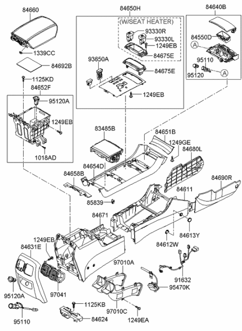 2006 Hyundai Azera Console Armrest Assembly Diagram for 84660-3L100-J9