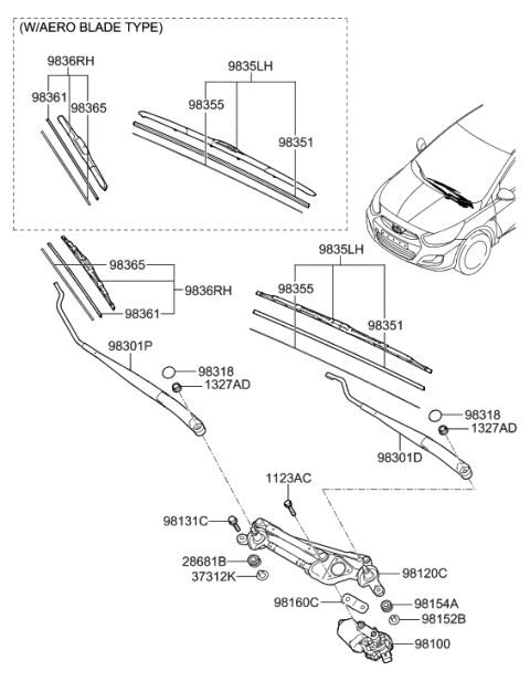 2014 Hyundai Accent Wiper Blade Assembly,Driver Diagram for 98350-3S300