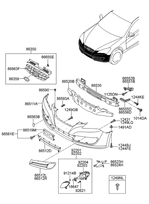2009 Hyundai Genesis Coupe Front Passenger Side Fog Light Assembly Diagram for 92202-2M000
