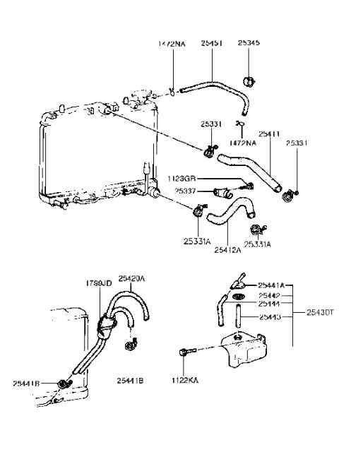 1990 Hyundai Excel Radiator Reservoir And Hose Assembly Diagram for 25430-24010